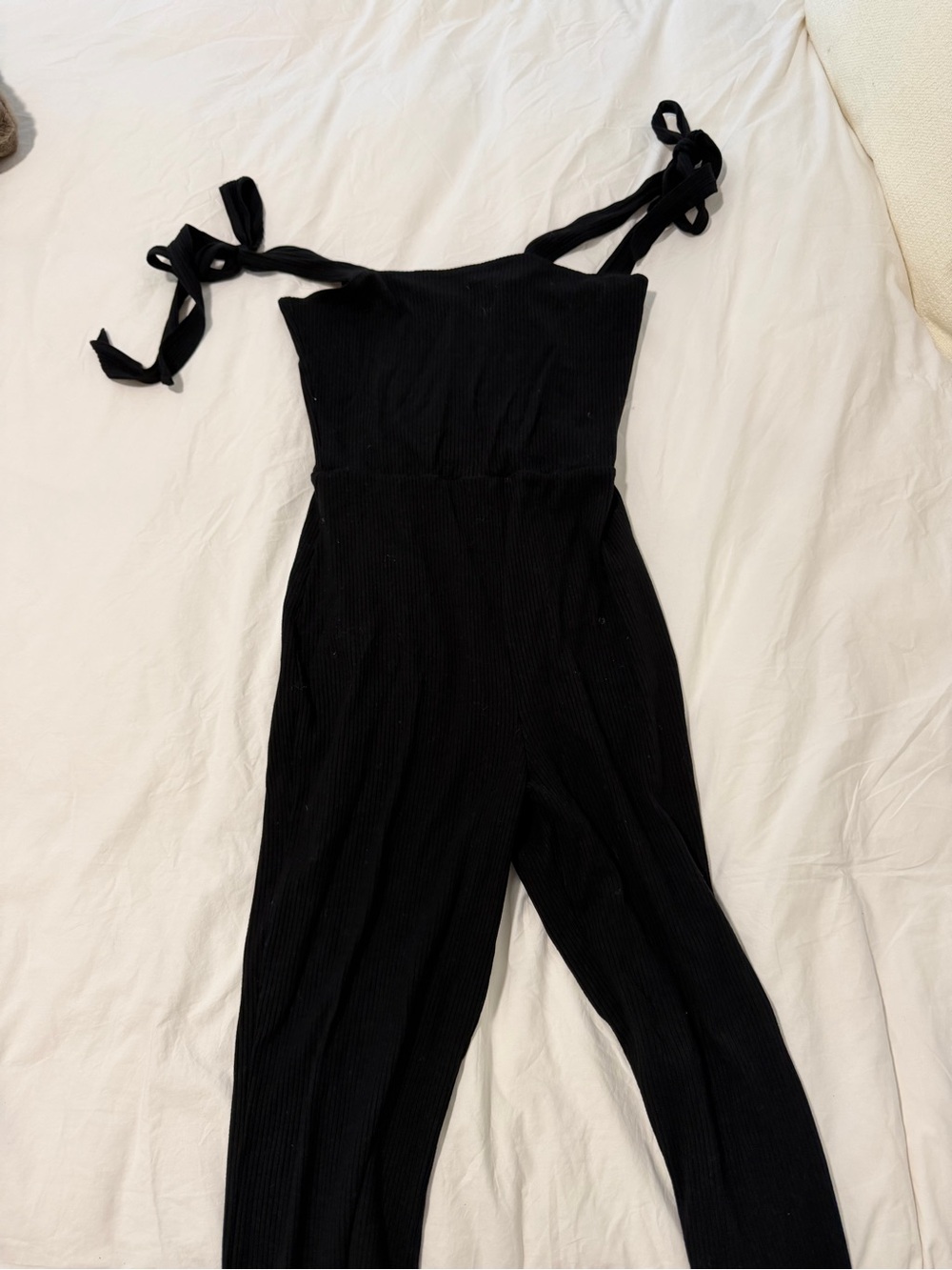 Reformation Black Ribbed Tie-Shoulder Jumpsuit